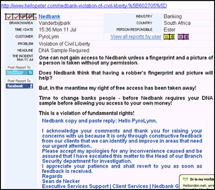 NEDBANK FINGERPRINT COMPLAINT VDBIJLPARKJUL112011