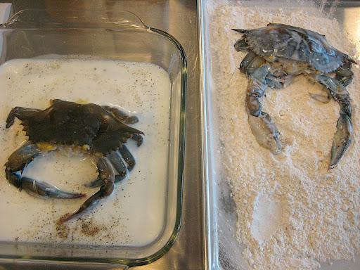 I dredged the crabs in buttermilk seasoned with salt and pepper and then coated them in a mix of equal parts of flour and cornstarch with a good dose of Old Bay seasoning tossed in.