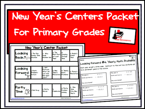 New Year's Centers Packet for primary students - three days worth of activities - 15 activities in all - for just $5.00.  Download from my Teachers Pay Teachers store.