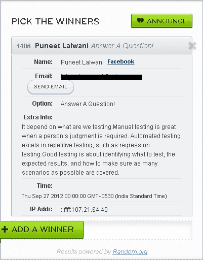 QTP Book Winner - Giveaway -"Test Automation and QTP"