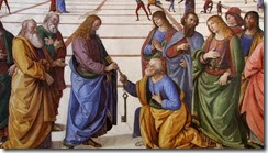 Perugino's Meisterwerk: Die Übergabe des Schlüssels zum Himmelreich von Jesus an Petrus (knieend)