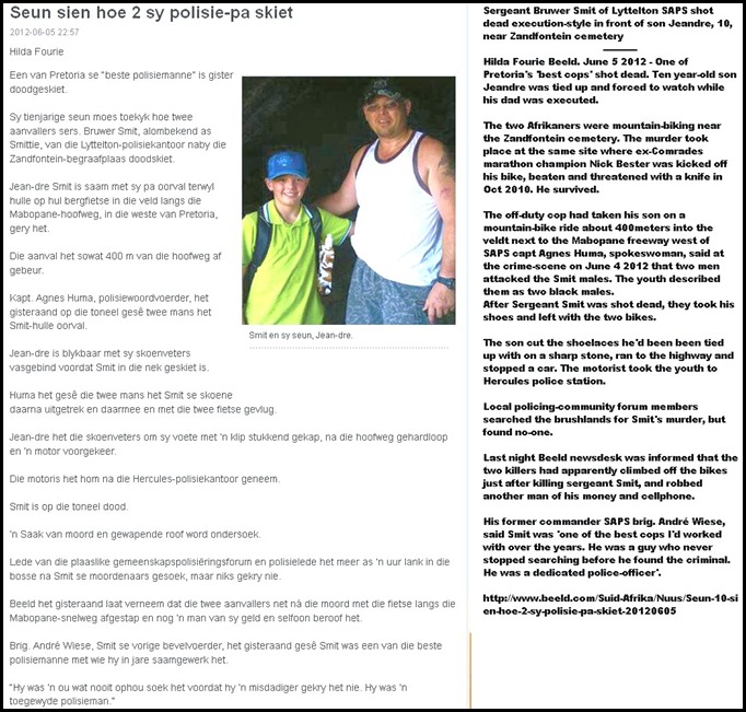 SMIT Bruwer sergeant SAPS shot execution style June 2 2012 mountainbiking with son Leandre Zandfontein cemetery Pretoria