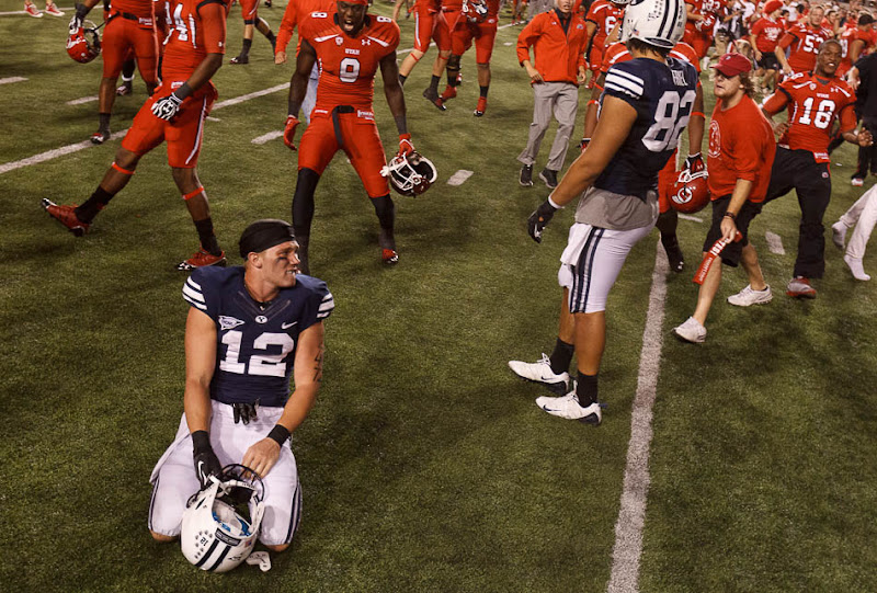 Brigham Young wide receiver JD Falslev reacts to the loss to Utah.