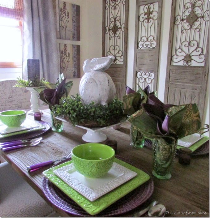 Spring Tablescape with purple, green and white colors. Spring Tablescape with purple, green and white colors.