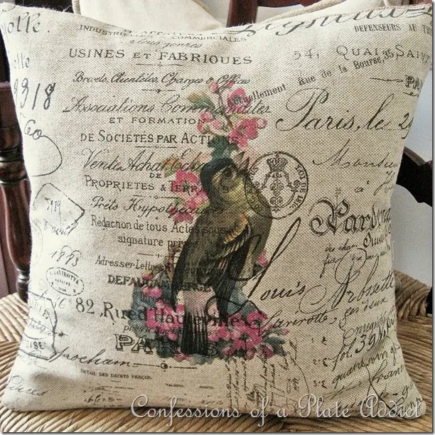 CONFESSIONS OF A PLATE ADDICT Vintage French Script Bird Pillows