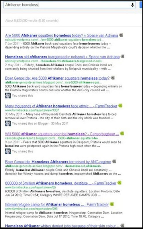 Afrikaner homeless 8620000 Google results Dec 23 2011
