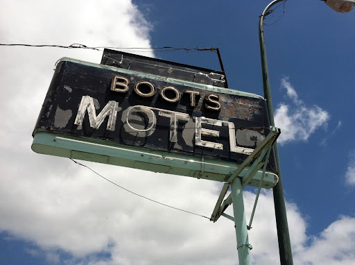 The vintage Boots Motel sign, ready to be restored to her former glory. (Photo credit: Rebekah Clark)