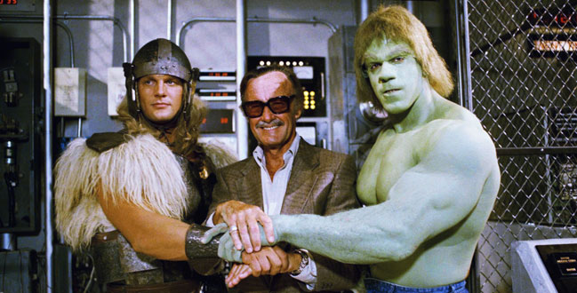 Comics impresario Stan Lee, center, poses with Lou Ferrigno, right, and Eric Kramer who portray ?The Incredible Hulk? and Thor, respectively, in a special movie for NBC, ?The Incredible Hulk Returns,? May 9, 1988, Los Angeles, Calif. Lee says the secret of successfully transferring comic book characters to television is to avoid making it a carbon copy. (AP Photo/Nick Ut)