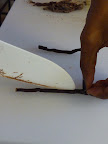 Scraping the seeds from the vanilla bean