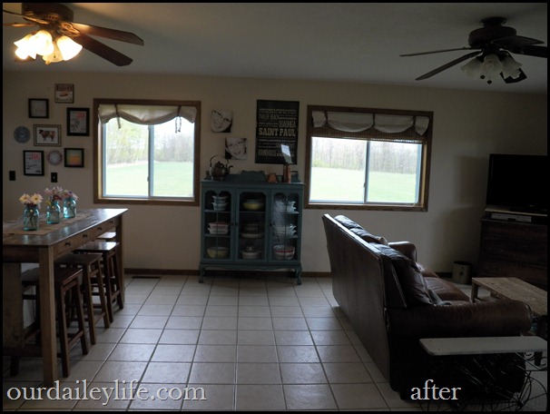 cream walls, dropcloth shades, vintage teal cabinet, minnesota subway art, blue ball jars, vintage pyrex