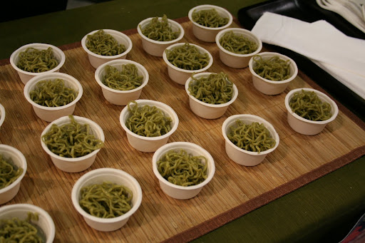 These GreeNoodles are made with organic moroheiya (a.k.a. mulukhiya or mallow leaf), a leafy ancient Egyptian plant loaded with fiber, calcium, beta-carotine, and vitamins A, B1, B2, and B9.  They're uber-healthy and they taste like...noodles!