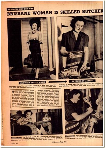 A article from  June 1942 PIX magazines about a Brisbane lady who works in her husbands butcher’s shop. I