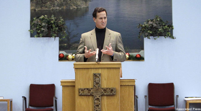 U.S. presidential candidate Rick Santorum speaks at a church congregation. AP via talkingpointsmemo.com