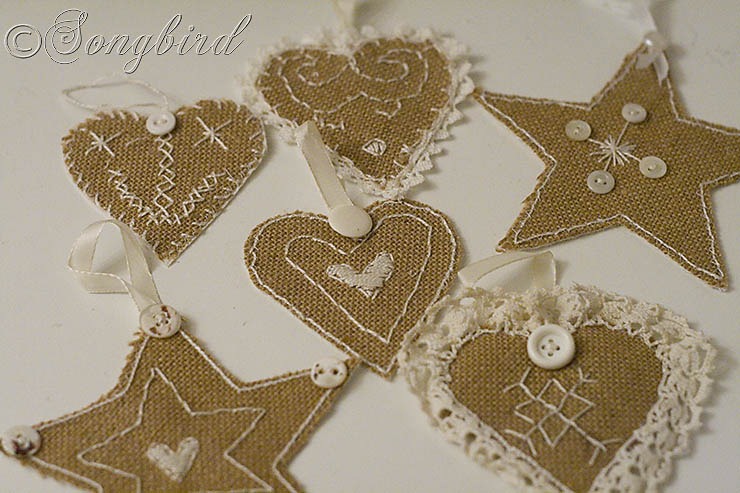 Songbird Burlap Ornaments 4 Songbird Burlap Ornaments 4
