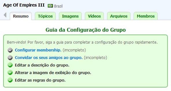 Guia de configuração do grupo. Guia de configuração do grupo.
