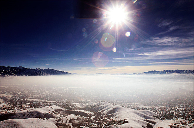 An inversion cloud covers downtown Salt Lake City in the winter of 2012/2013. Photo: Ravell Cal / AP Photo / The Deseret News