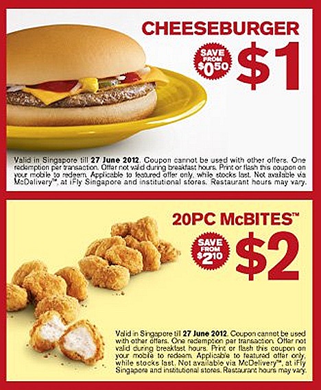 MCDONALDS OFFER CHEESE BURGER $1 CHICKEN MCBITES 20 PC $2  SAUSAGE MCMUFFIN WITH EGG & COFFEE $3  PROMOTION DEAL FOR GREAT SINGAPORE SALE except iFLY schools and mcdelivery