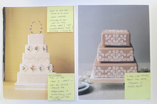 The cakes, side-by-side with design notes on post-its.