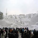 The Antarctic -  I thought this was the best snow sculpture. It features "...the Japanese Antarctic expedition ship Soya on the left and the Sakhalin Huskies Taro and Jiro in the center along with a whale, penguins and seals." http://www.snowfes.com/english/place/oodori/index06-10.html
