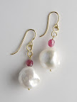 18ct gold fresh water pearl and rubelite earrings 290.00