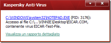 File malevolo rilevato test EICAR