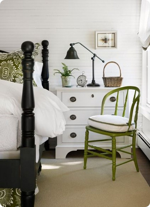 white walls, black and green accents