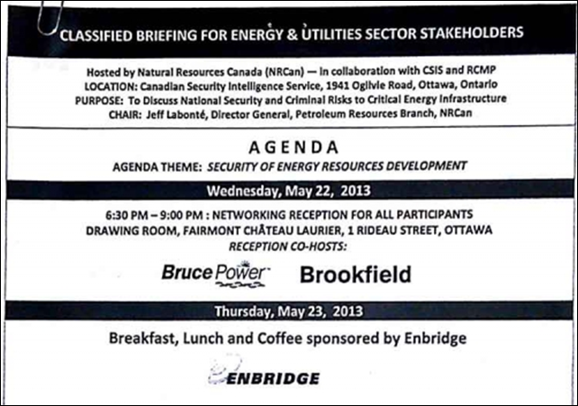 An agenda obtained by Tim Groves and Martin Lukacs at The Guardian in October 2013 revealed that breakfast, lunch, and coffee was sponsored by Enbridge and a networking reception held at the Chateau Laurier was co-hosted by Bruce Power and Brookfield Renewable Energy Partners. Meetings during this conference included 'challenges to energy projects by environmental groups.' Graphic: Enbridge / The Guardian