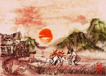 O entardecer em Kamiki registrado em uma pintura.