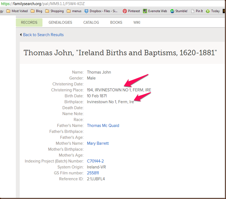 Familysearch Birth Thomas John McQuaid Irvinestown