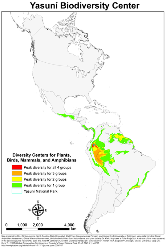 Biodiversity centers for plants, birds, ammals, and amphibians in Central and South America. Ecuador's Yasun&iacute; National Park has the greatest concentration of biodiversity of all four groups. Graphic: Bass, et al., 2010