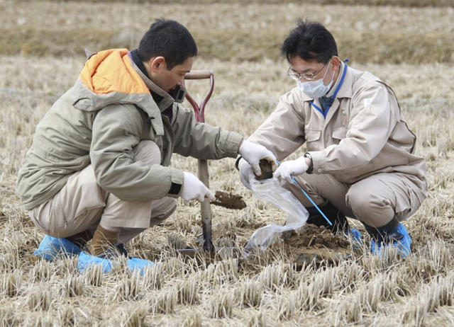 Officials from Fukushima prefecture collect soil to check for radioactive contamination. AP / Yomiuri Shimbun