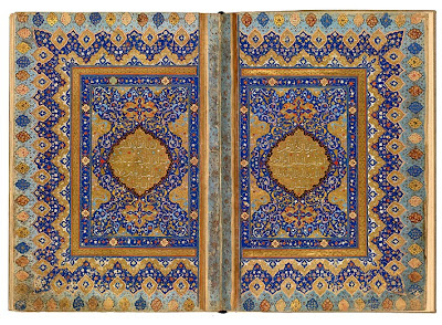 The First Sura of the Jerrāḥ Pasha Qur˒an Qur˒an, in Arabic. Persia, Shiraz, ca. 1580. This is the second pair of richly decorated facing pages in the Jerrāḥ Pasha Qur˒an, made in Shiraz about 1580. It marks the beginning of the Qur˒an itself, starting with sura 1 (al-Fātiḥa, or "The Opening Chapter"). The five lines of text on each page are enclosed within a gold-lobed medallion. They are written in raiḥān (sweet basil) script, which was much favored by poets, for its very name evoked its fragrance. Muḥammad Aṣlaḥ, an eighteenth-century poet, even wrote that real gardens would envy the raiḥān twig "lifting its head from the bismillah (call to piety)." The first line contains the title of the sura, followed by the call to piety, the bismillah: In the name of God, the Merciful, the Compassionate. The sura is continued on the left page. This double-opening, and the three others in the manuscript, closely resemble the work of the Ottoman master gilder Muḥammad ibn Tāj al-Dīn Ḥaidar (d. 1588).