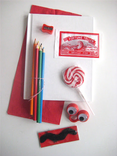 The favor, ready to be packed up. (red paper lunch bag from Target. Links below for the other sources)