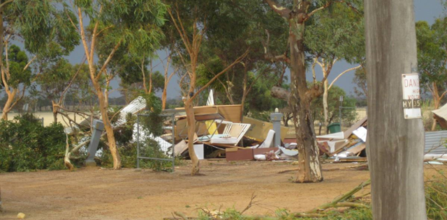 Karlgarin bore the brunt of the freak storm on 15 January 2013, where the local general store and sports hall had their roofs ripped off. At Tressie&rsquo;s Caravan Park, many trees and a donga used for accommodation were flattened by the forceful winds. Photo: Kevin Lockyer / perthweatherlive.com