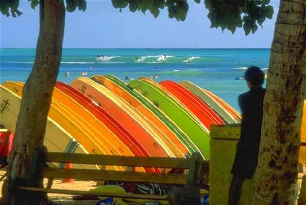 Colorful surfboards and the waves