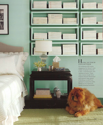 Hanging boxes filled with books, magazines or catalogs of like-colored spines makes for such a chic and serene display. Hanging boxes filled with books, magazines or catalogs of like-colored spines makes for such a chic and serene display.