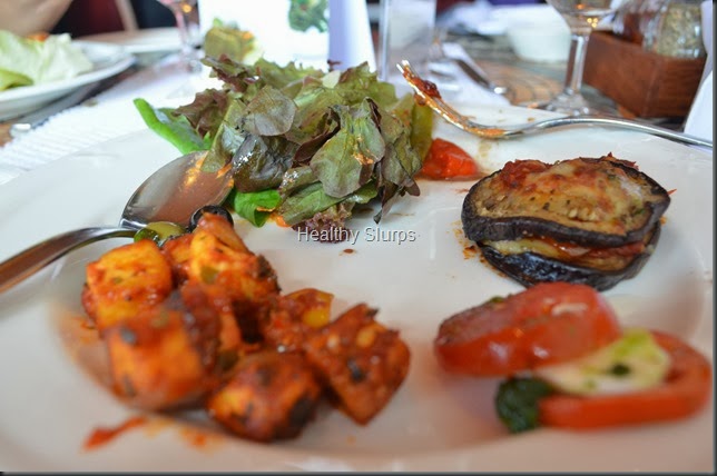 Clockwise-Mixed salad, Eggplant Parmiggiana, CapreseSalad, Sicilian Garlic Cottage Cheese