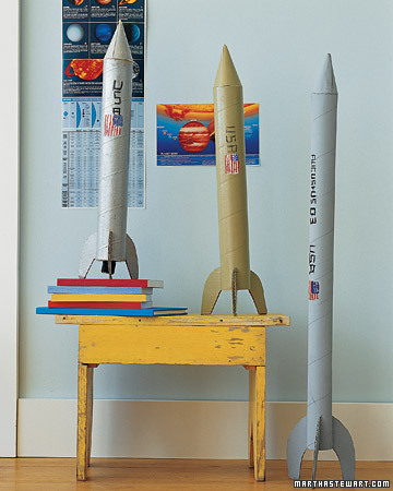 Rockets made by Gael Towey's son out of shipping tubes, another great material to save! How-to link below.