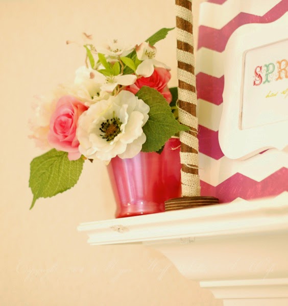 Spring mantle Roses and White burlap ribbon on spool.jpg Spring mantle Roses and White burlap ribbon on spool