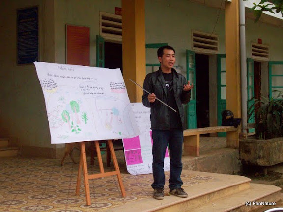 Dau Ngoc Cong, PanNature's EE Program Assistant, presenting about Khau Ca forest and the Tonkin Snub-nosed Monkey at a school session.