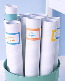For your children's art projects, label mailing tubes, available at office-supply stores, by semester or year, and fill with rolled-up stacks of artwork.
