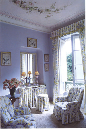 One of many rooms in one of many homes that Boudin and his design firm decorated for Margaret Thompson Biddle. This boudoir, located in Saint-Jean-Cap-Ferrat, has a stunning color palette and I love the indulgent use of that beautiful chintz fabric. One of many rooms in one of many homes that Boudin and his design firm decorated for Margaret Thompson Biddle. This boudoir, located in Saint-Jean-Cap-Ferrat, has a stunning color palette and I love the indulgent use of that beautiful chintz fabric.