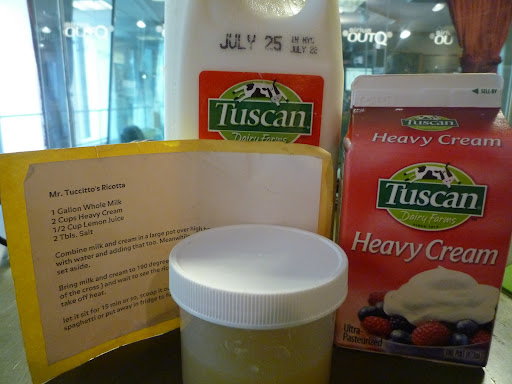 Milk, cream, and lemon juice combined with salt-all the ingredients for homemade ricotta.