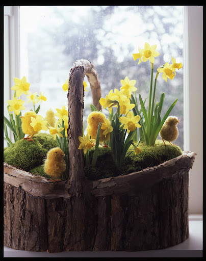I love these playful pom-pom chicks on this wood basket.