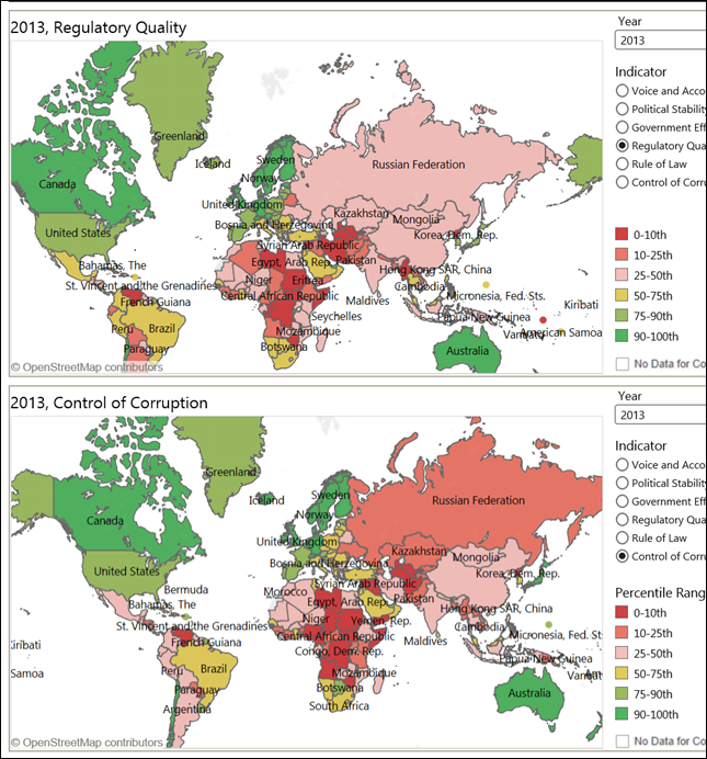 Worldwide governance indicators for regulatory quality and corruption, 2013. Graphic: World Bank / WGI