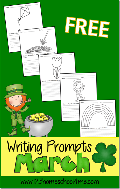 FREE March Writing Prompts - tons of free printable creative writing ideas for Kindergarten, first grade, 2nd grade, 3rd grade, and 4th grade kids including various types of writing lines - these are perfect for making writing FUN for kids! (St Patricks Day, Spring, Wind, Food, etc.) FREE March Writing Prompts - tons of free printable creative writing ideas for Kindergarten, first grade, 2nd grade, 3rd grade, and 4th grade kids including various types of writing lines - these are perfect for making writing FUN for kids! (St Patricks Day, Spring, Wind, Food, etc.)