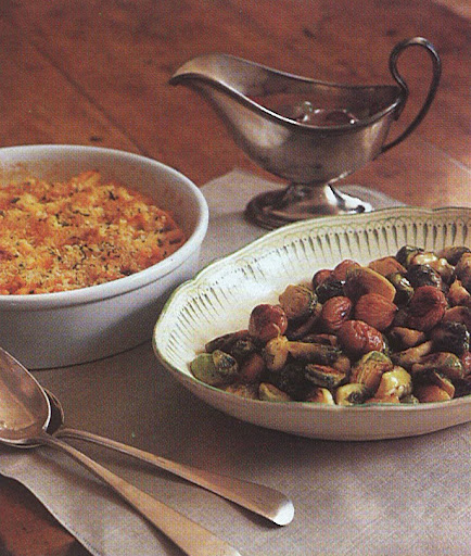 Riesling gravy with red and green seedless grapes, pumpkin gratin, and caramelized chestnuts and brussels sprouts. Riesling gravy with red and green seedless grapes, pumpkin gratin, and caramelized chestnuts and brussels sprouts.