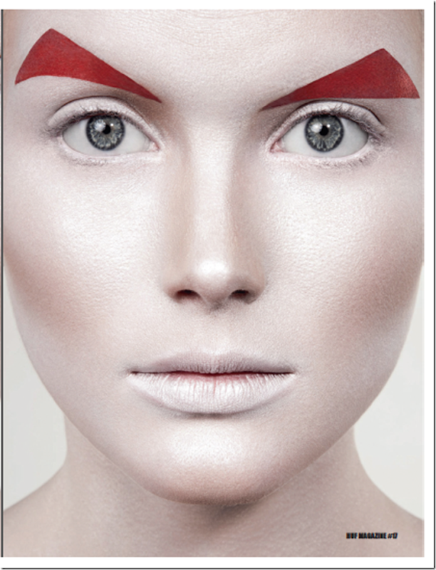 Фотосессия для HUF Magazine NY волос и макияж Марианна Мукучян (Marianna Mukuchyan) ,необычный мейк, красные брови, перламутровая кожа, гламурная ретушь кожи.