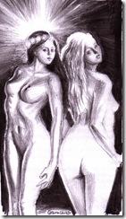 Blonda lui Eminescu si bruneta din vis desen in creion cu fete nud -