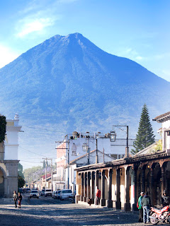 Central Square Antigua, street scene with Vulcan Aqua. Yes, this was photoshopped a bit. Photos by TOM HART. .note this is the only picture with significant photoshopping (to burn in the volcano which was a lot hazier).